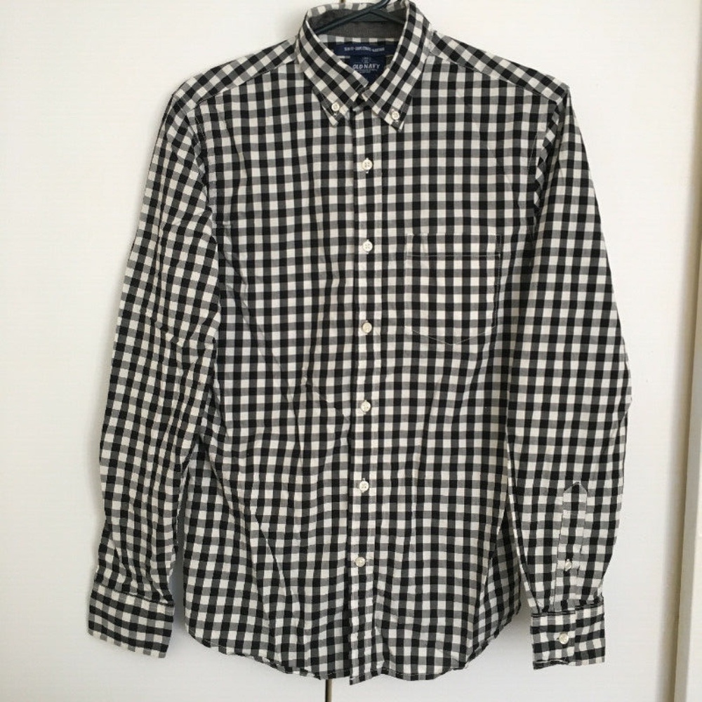 Plaid Flannel Black and White Checkered Old Navy Long Sleeve Dress Shirt Size S